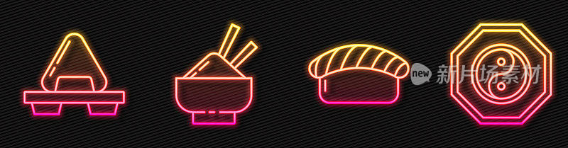 Set line Sushi, Sushi on cutting board, Rice in a bowl with chopstick and Yin Yang. Glowing neon icon. Vector